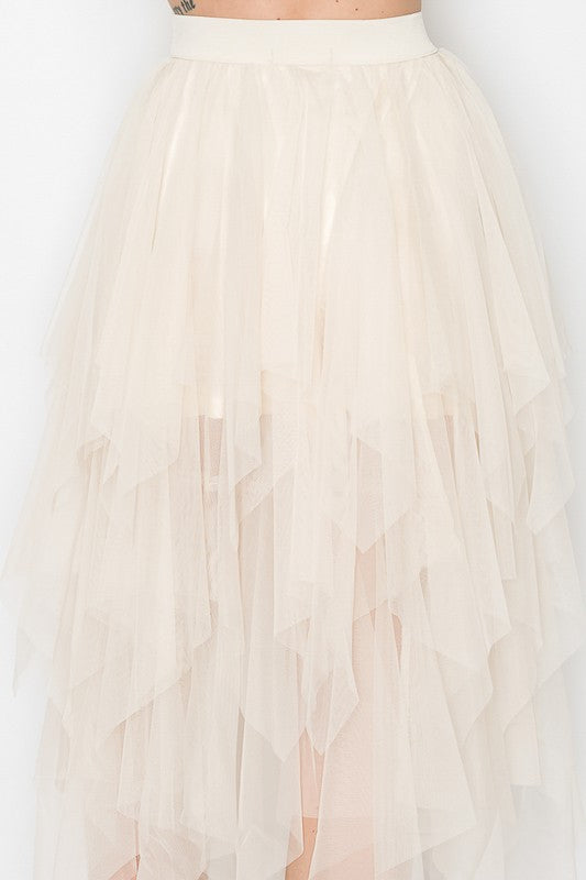Beige Lined Tiered Mesh Skirt