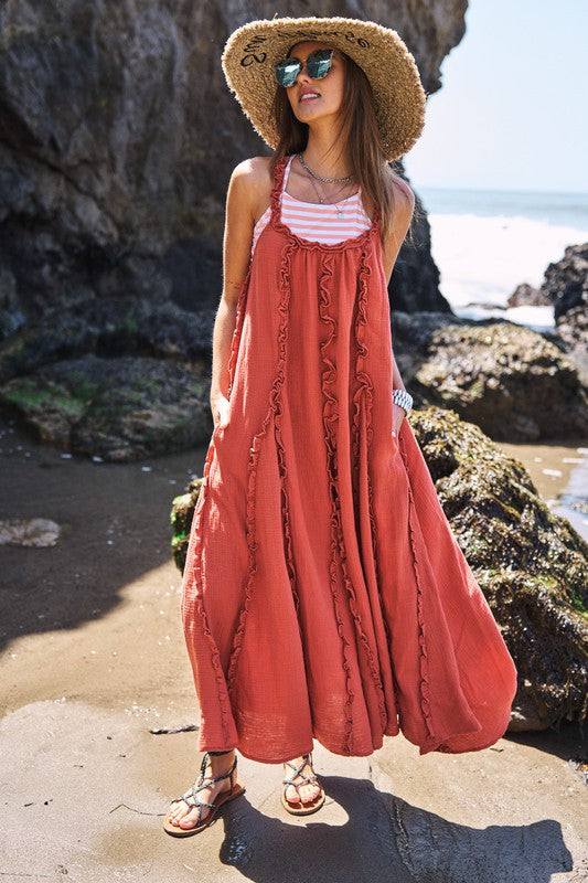 Ruffle Detail Scrunchy Strap Midi Dress