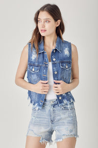 Distressed Crop Vest-Medium Wash