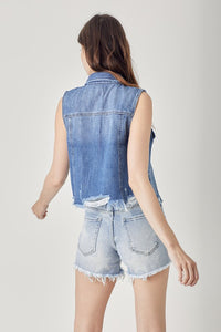 Distressed Crop Vest-Medium Wash