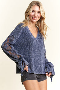 Mineral Wash Lace Tie Sleeve Top