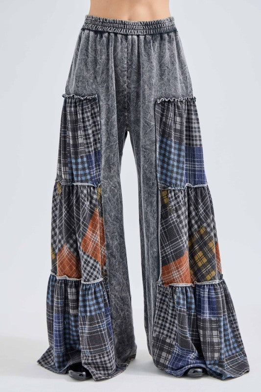 Mineral Washed Tiered Plaid Pants