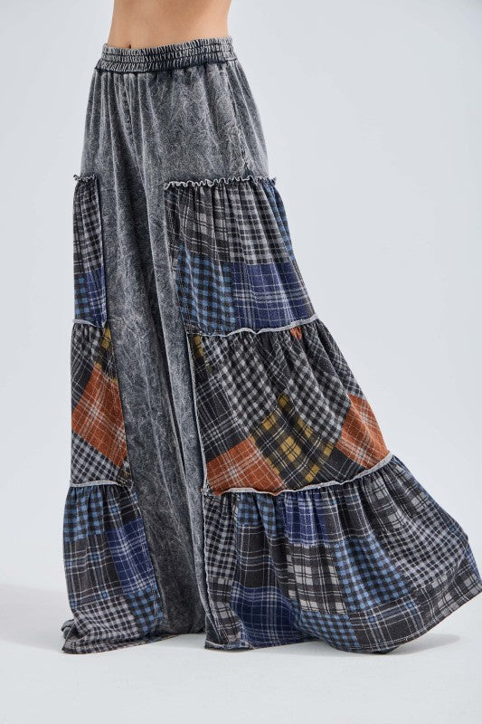 Mineral Washed Tiered Plaid Pants