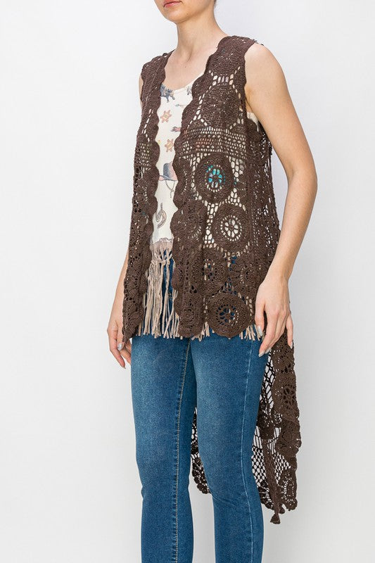 Brown Crochet High-Low Vest