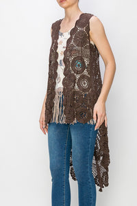 Brown Crochet High-Low Vest