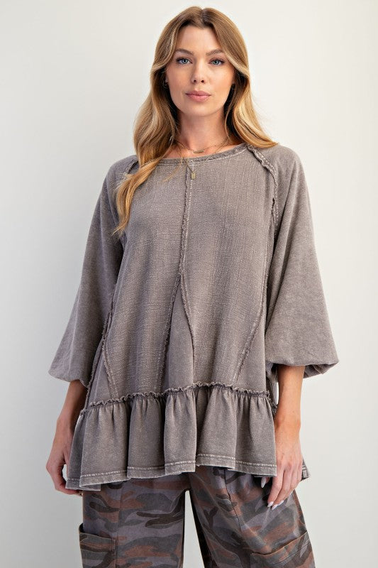 Bubble Sleeve Linen Mixed Top