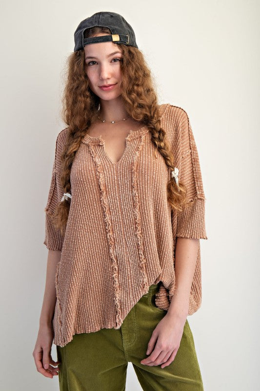 S/S Textured Slouchy Top-Mocha