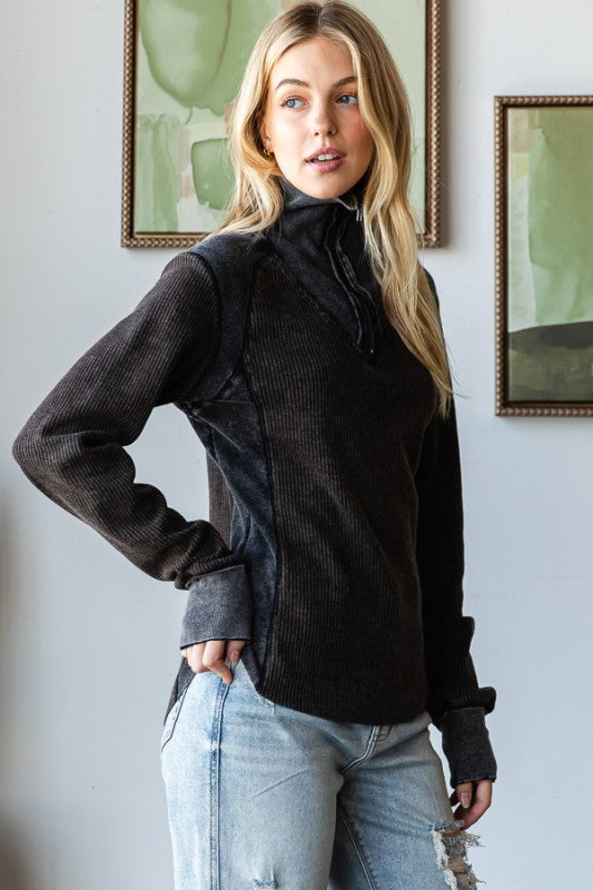 Zip Up Neck Waffle Top