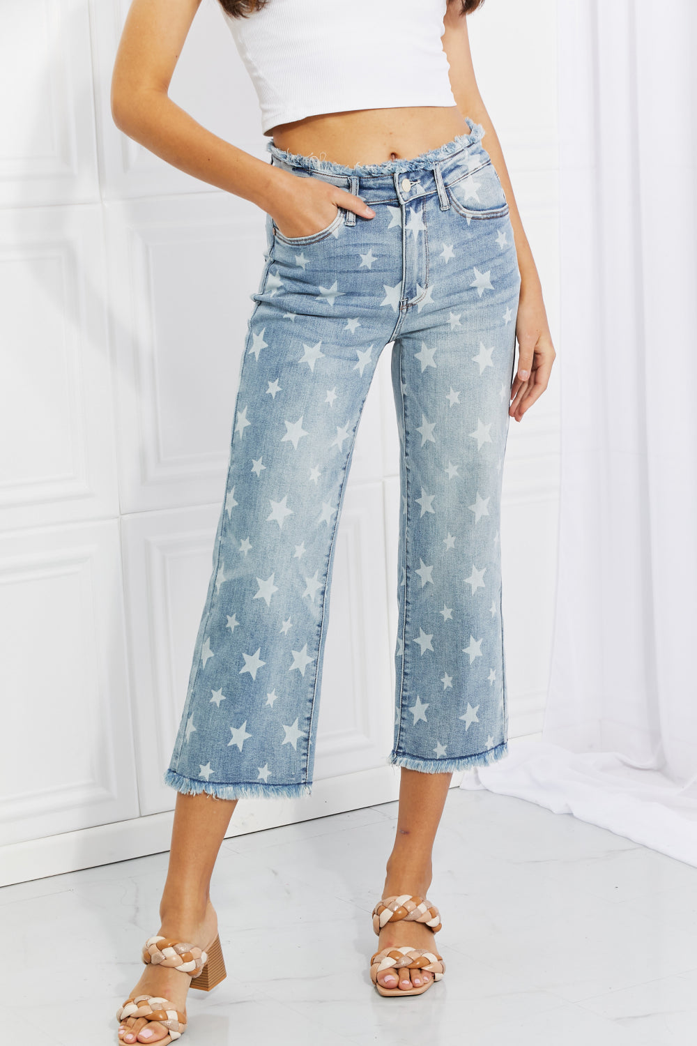 Star Print Cropped Denim Jeans-Judy Blue