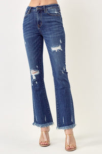 Mid Rise Distressed Ankle Flare Jean