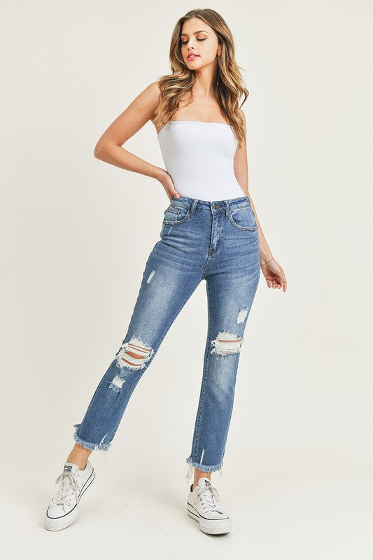 High Rise Distressed Ankle Straight Leg Jeans