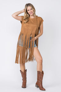 Suede Short Sleeve Fringed Top