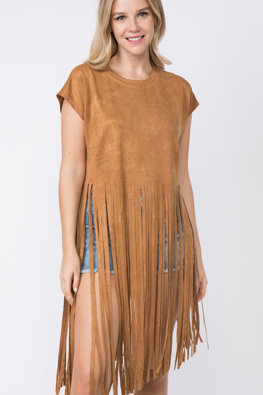Suede Short Sleeve Fringed Top