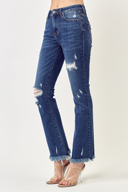 Mid Rise Distressed Ankle Flare Jean
