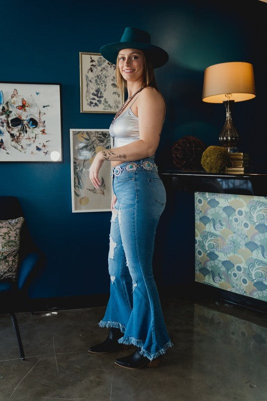Mid Wash Distressed Flare Jean