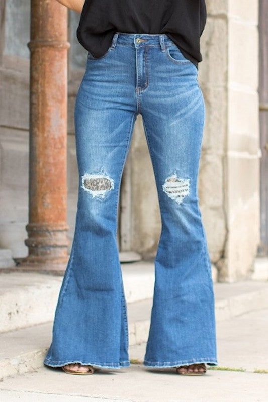 Leopard Knee Patch Flare Jeans – Further Down the Rabbit Hole Boutique