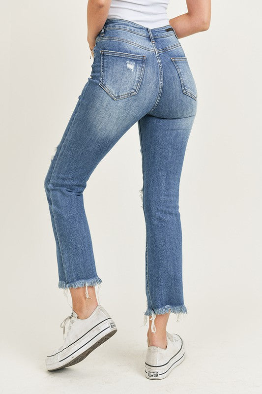 High Rise Distressed Ankle Straight Leg Jeans