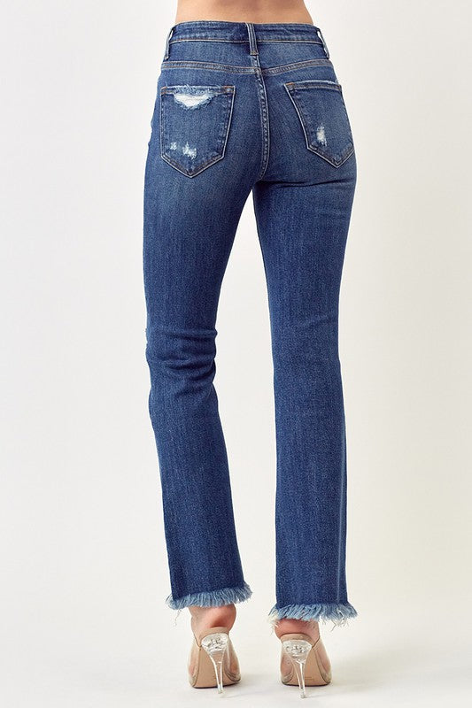 Mid Rise Distressed Ankle Flare Jean